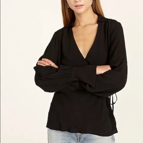 J. CREW Top Blouse Drapey Crepe Wrap Dressy Viscose Holiday Black Size 6 - Picture 1 of 6